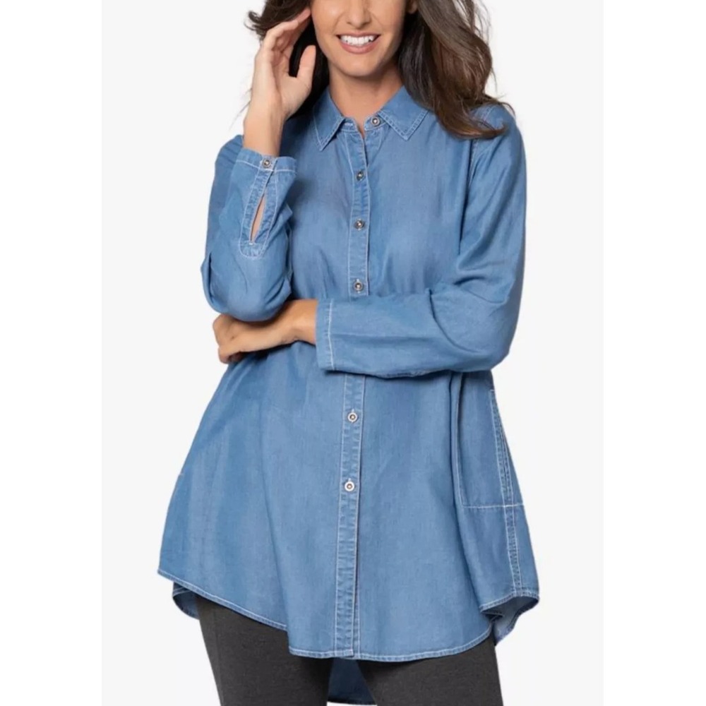 Stella Carakasi Prime Time Tunic in Denim Blue Laglenlook LS Button Up Size XL - Picture 3 of 16